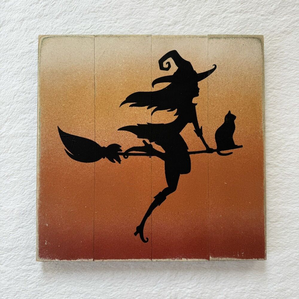 Handmade Halloween Witch Wooden Sign Orange Ombre Witch on Broomstick Home Decor